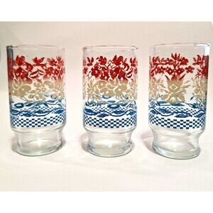 Set of 3 Clear 1950's Vintage Glasses Red White Blue MCM Floral Granny Cottage